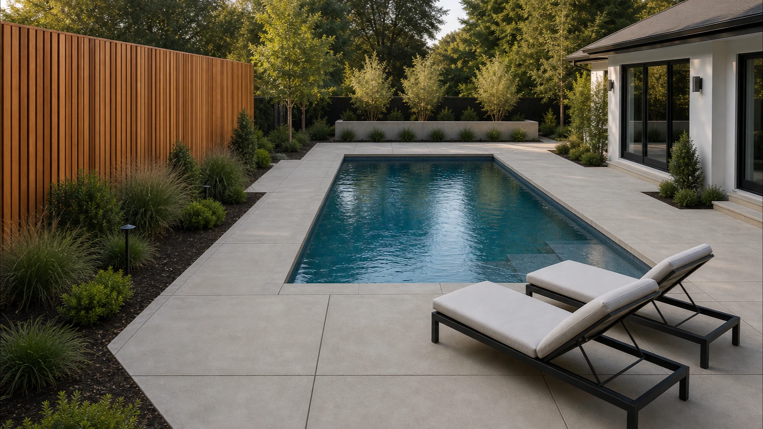 Modern concrete pool deck with cedar privacy screening, lounge chairs, and low planting.