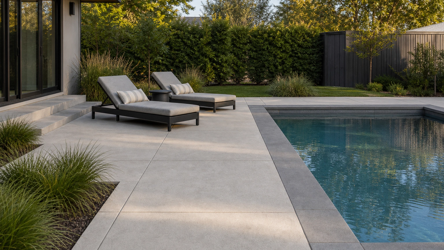 Concrete pool deck with a subtle contrasting coping band and pale textured deck panels.