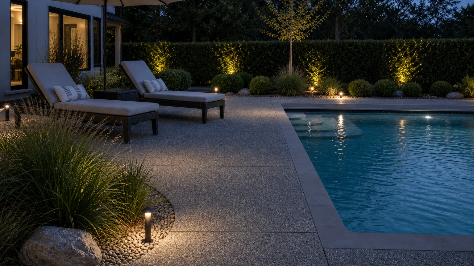 Concrete pool deck with a low evergreen privacy hedge, lounge chairs, and simple path lighting.