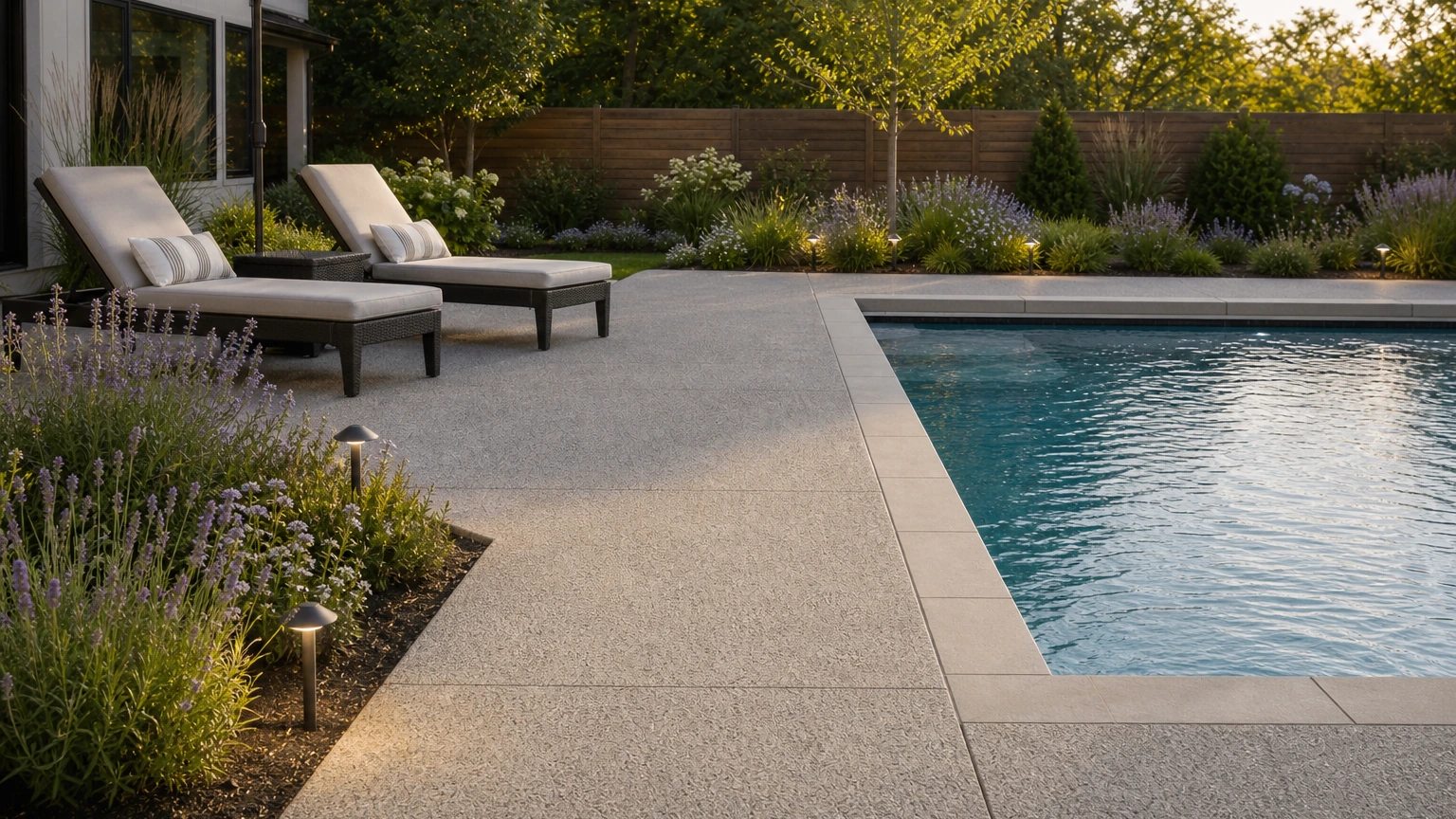 Concrete pool deck with compact flowering planting, lounge chairs, and restrained garden lighting.