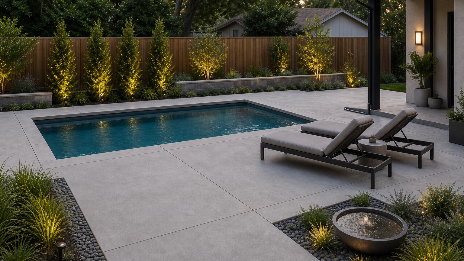 Concrete pool deck with a compact low water bowl, lounge seating, and structured planting.