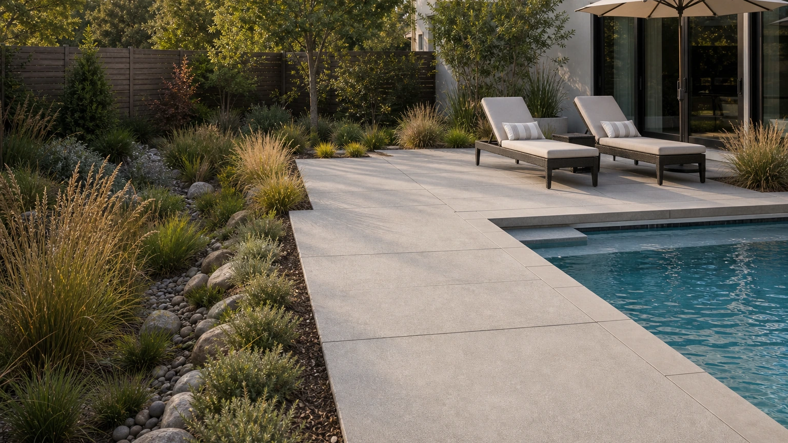 Concrete pool deck beside a shallow planted rain-garden edge with low grasses and clean drainage.