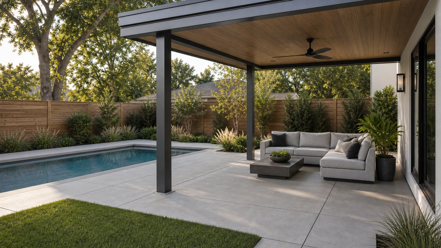 Covered pool lounge on a concrete deck with ceiling fan, outdoor sofa, and modern planting.