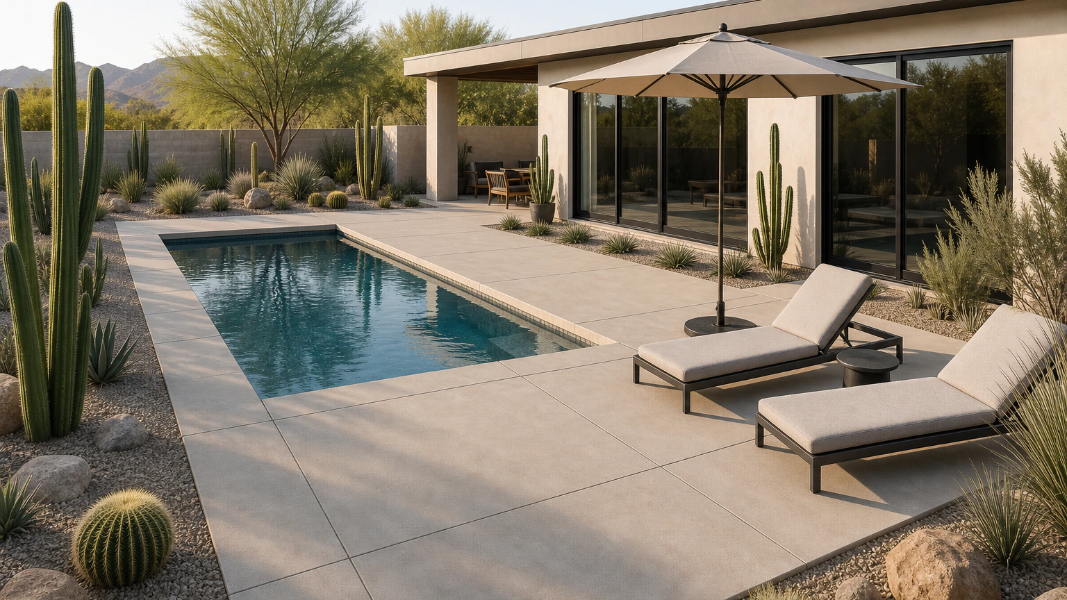 Desert-modern concrete pool deck with pale panels, cacti, shade umbrella, and lounge seating.