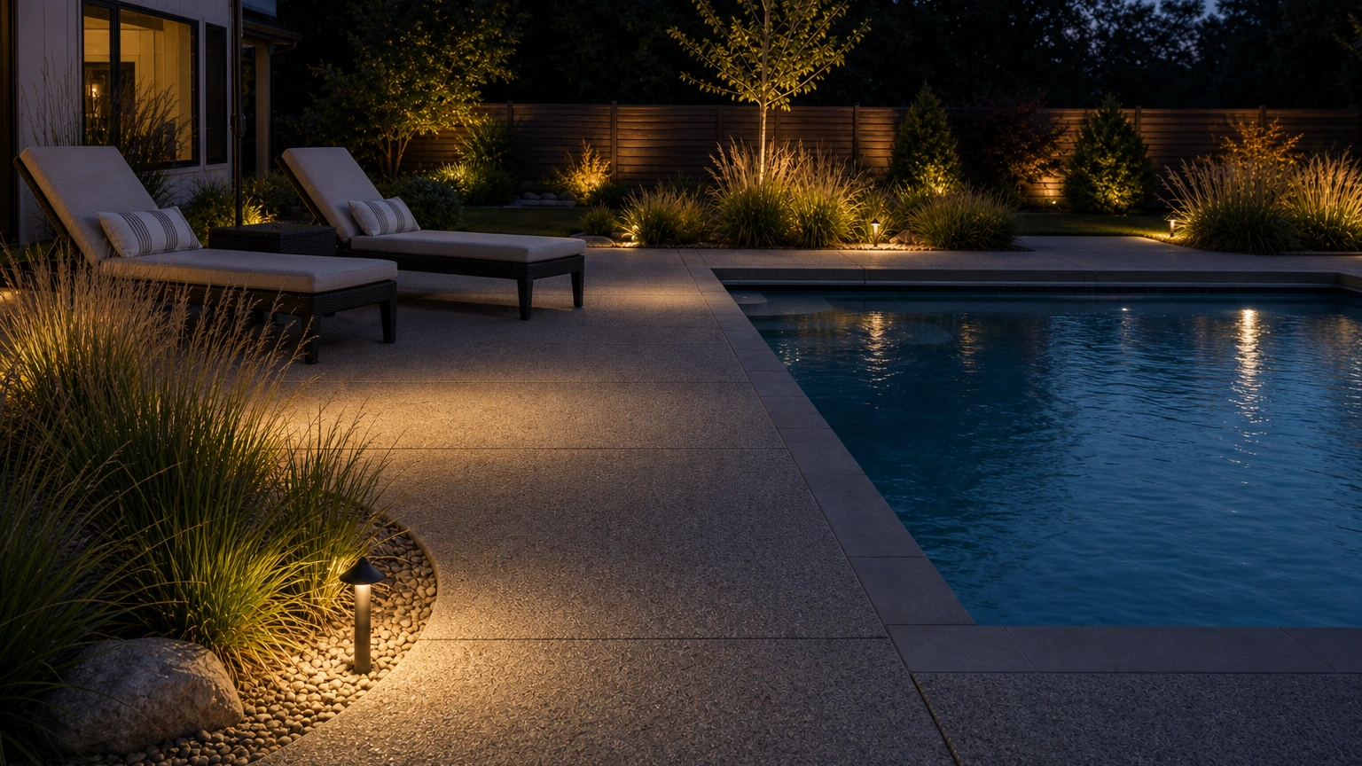 Evening concrete pool deck with subtle path lights, lounge chairs, and low planting.