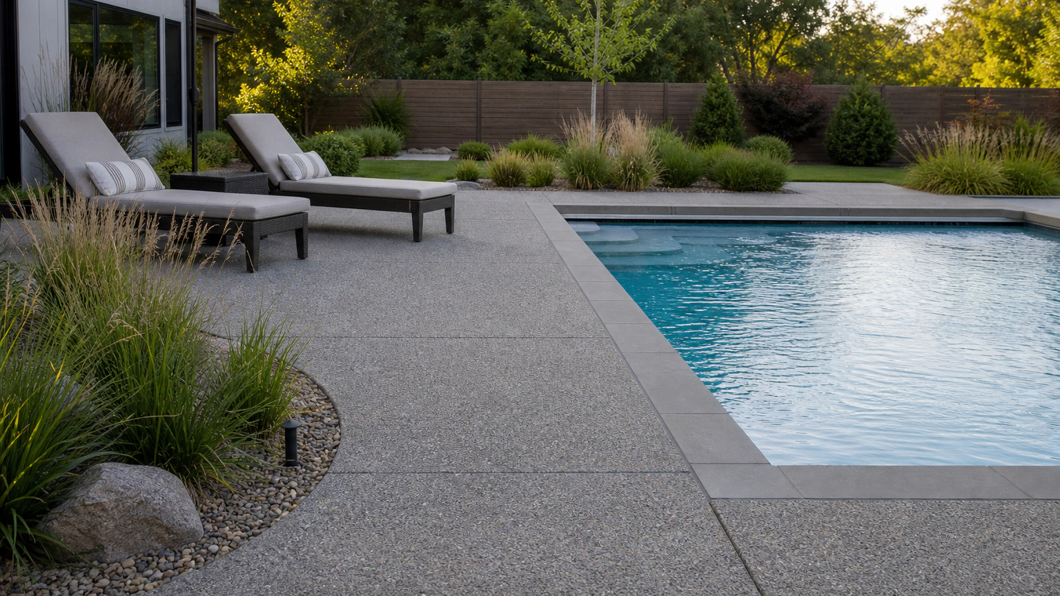 Exposed aggregate concrete pool patio with lounge seating and drought-tolerant planting.