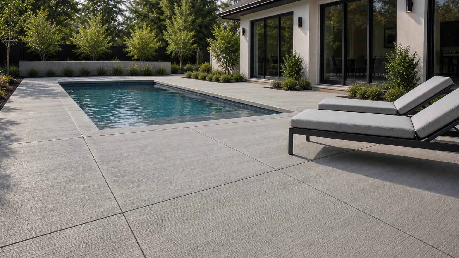 Fine broom-finished concrete pool deck with simple lounge chairs and low evergreen planting.