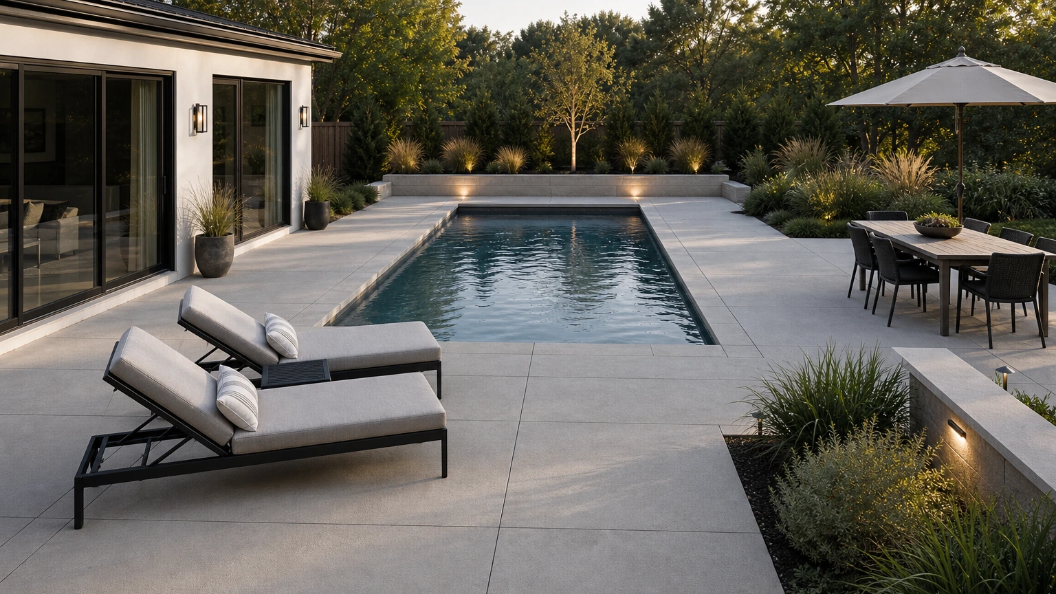 Modern concrete pool deck with large pale panels, layered low-maintenance planting, lounge seating, and evening lighting.