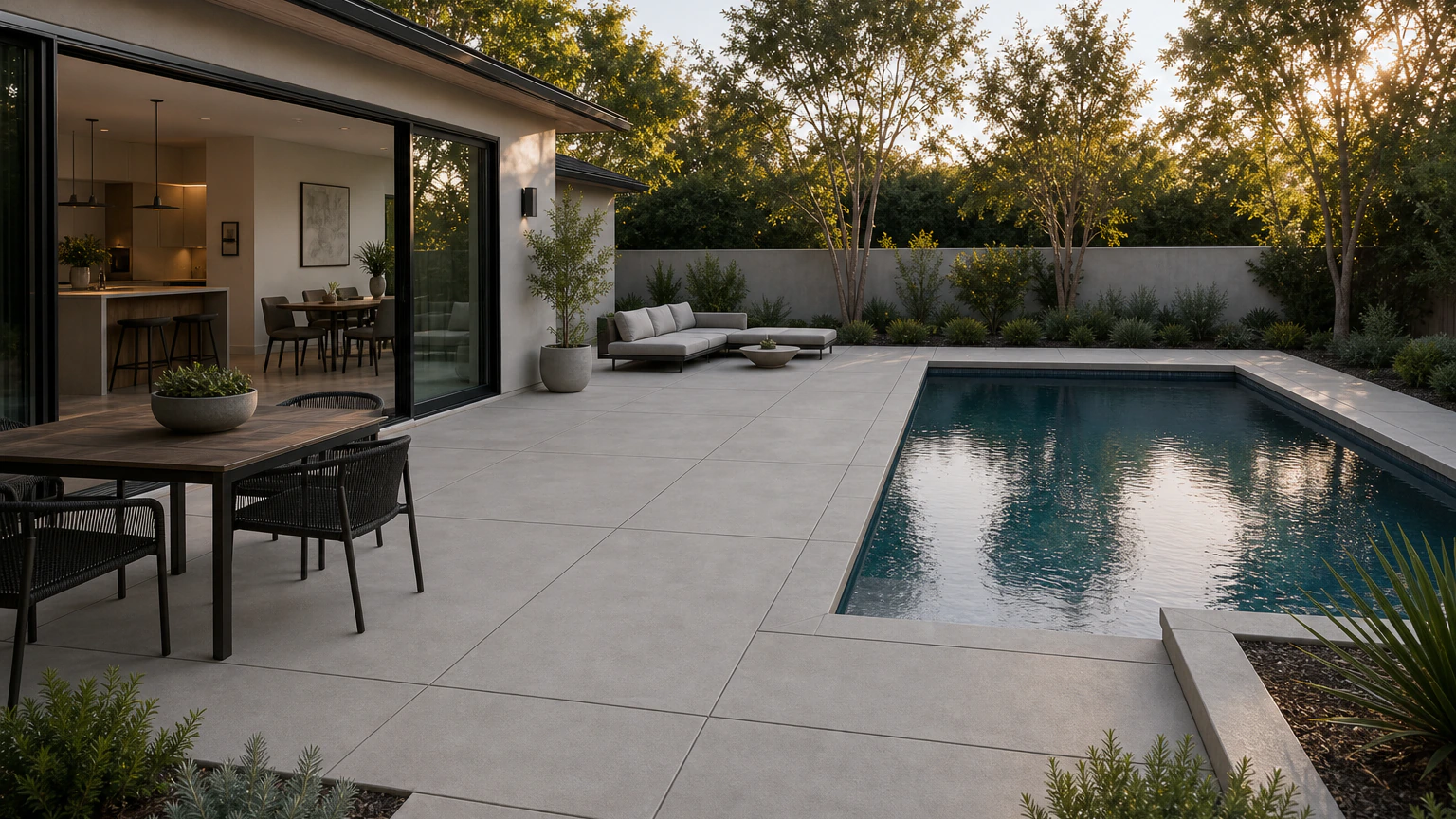 Concrete pool terrace extending from wide sliding doors with lounge and dining zones.