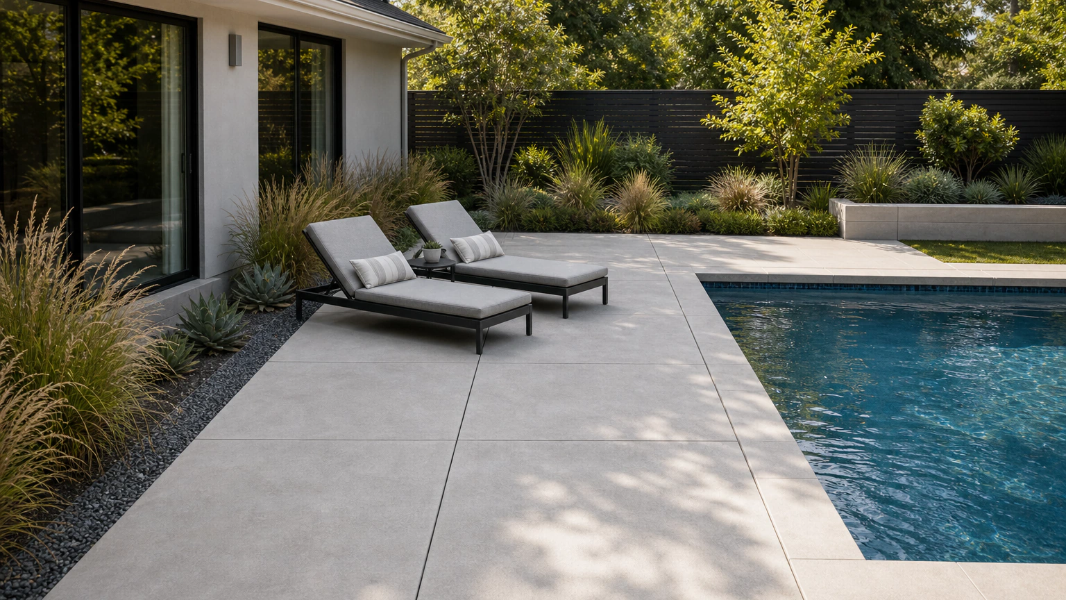 Large concrete pool deck panels with a narrow inset aggregate strip and modern lounge seating.