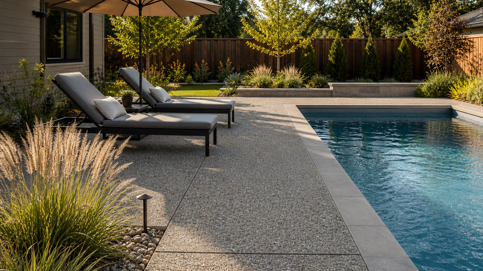 Lightly textured warm-gray concrete pool deck with a compact dining zone and planted edge.