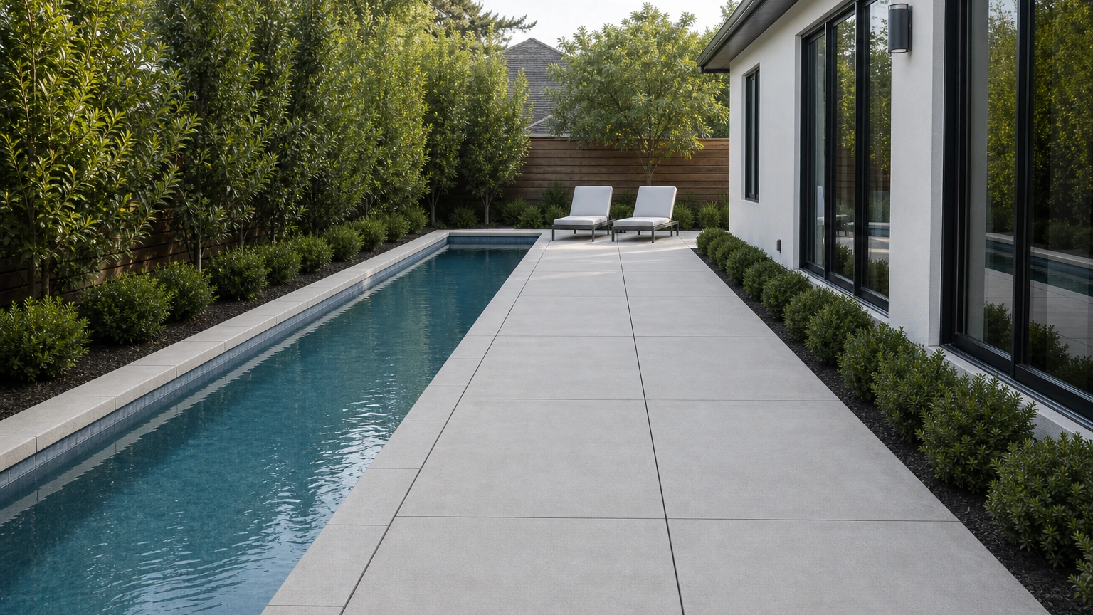 Long concrete promenade beside a narrow lap pool with lounge chairs and low planting.
