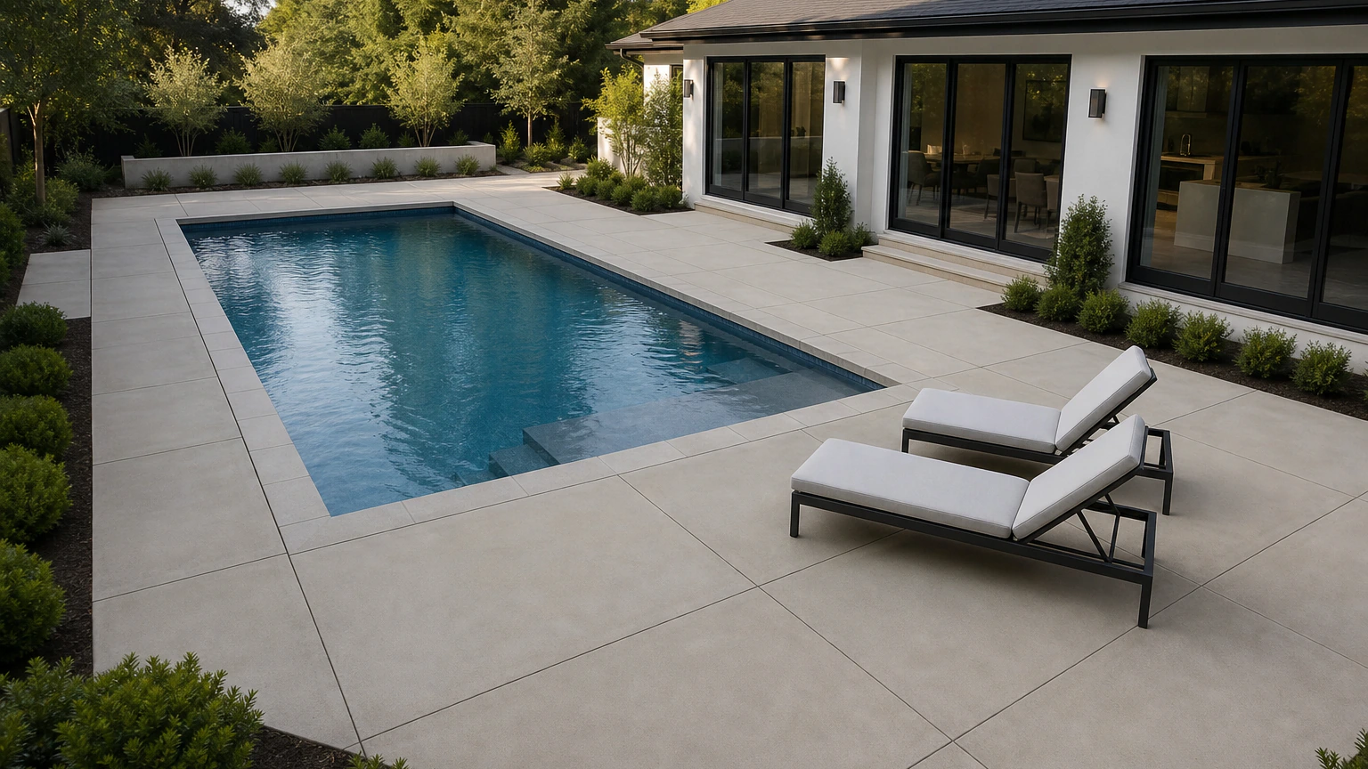 Courtyard pool deck with pale concrete panels, lounge seating, and layered planting around a rectangular pool.