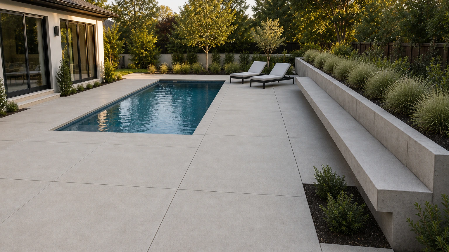 Modern concrete pool deck with an integrated bench terrace, low planting, and lounge chairs.