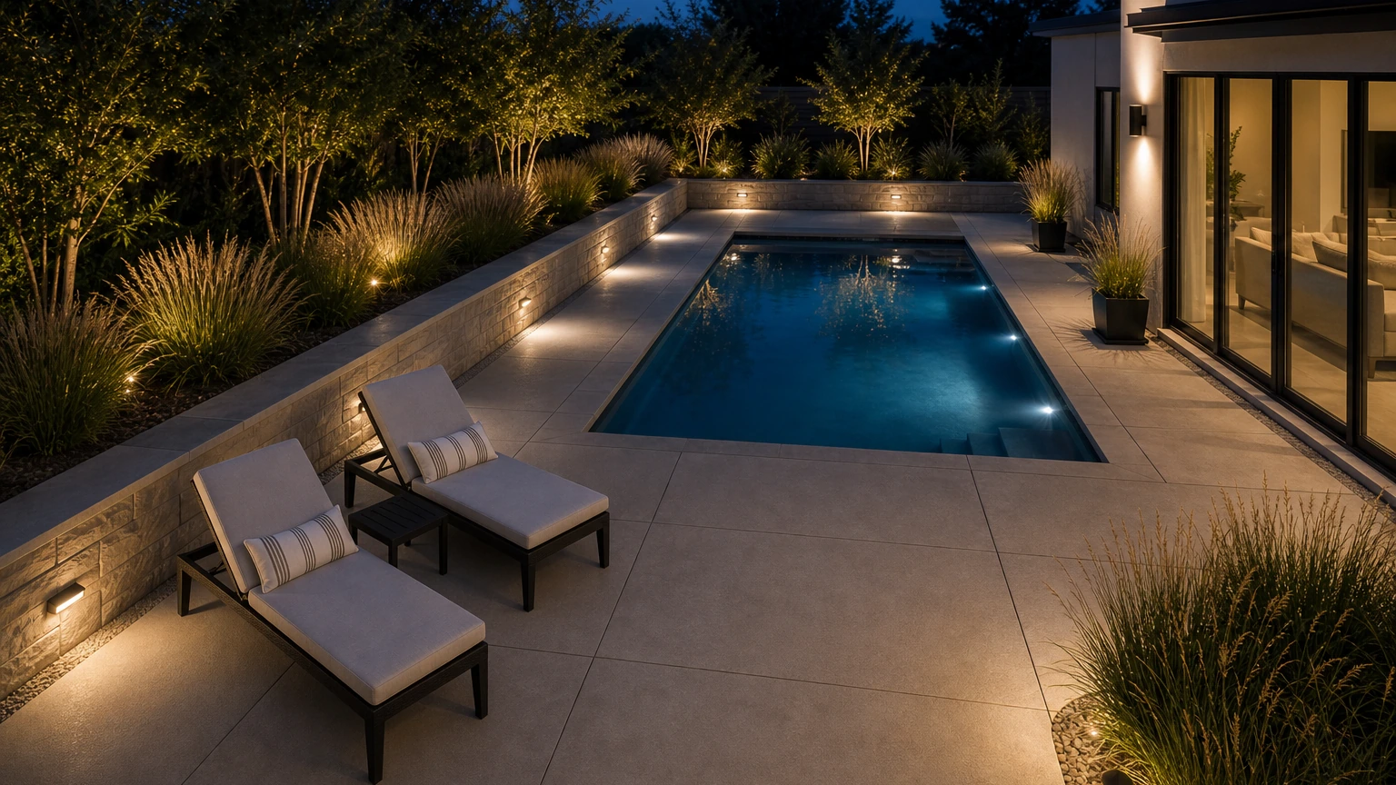 Concrete pool terrace at blue hour with low wall lighting, structured grasses, and lounge seating.