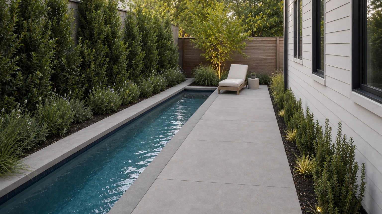 Narrow side-yard lap pool with a concrete deck path, planting, and compact seating.
