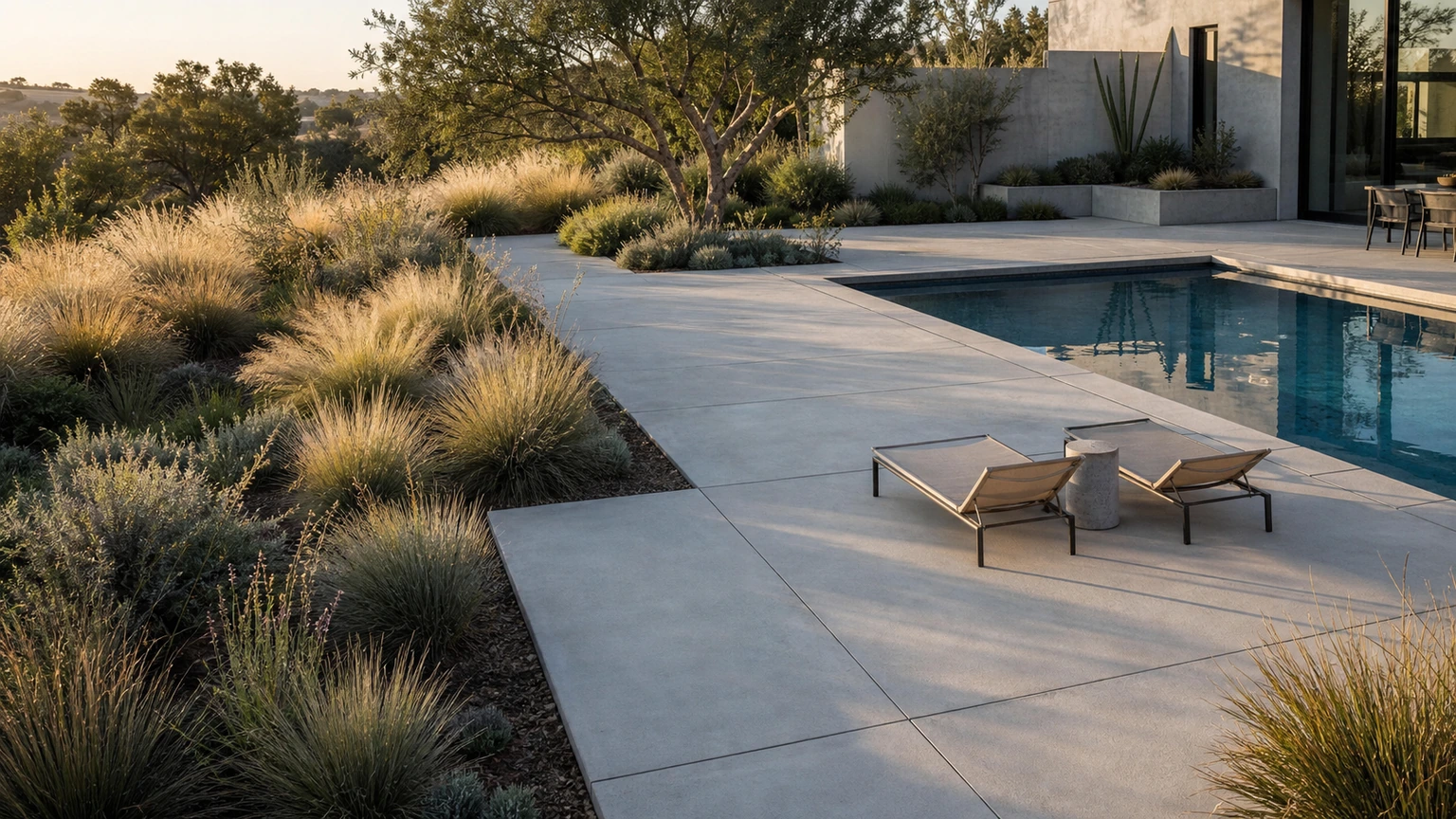 Concrete pool deck with native grasses, pale deck panels, lounge chairs, and low-maintenance planting.