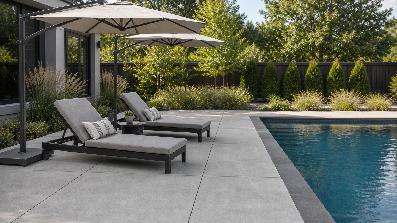 Concrete pool lounge terrace with offset umbrellas, chaise lounges, and low-maintenance planting.