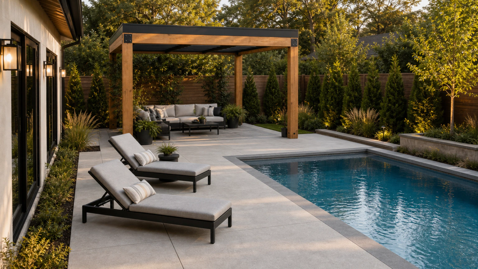 Concrete pool deck with a freestanding pergola lounge, chaise lounges, and planted borders.