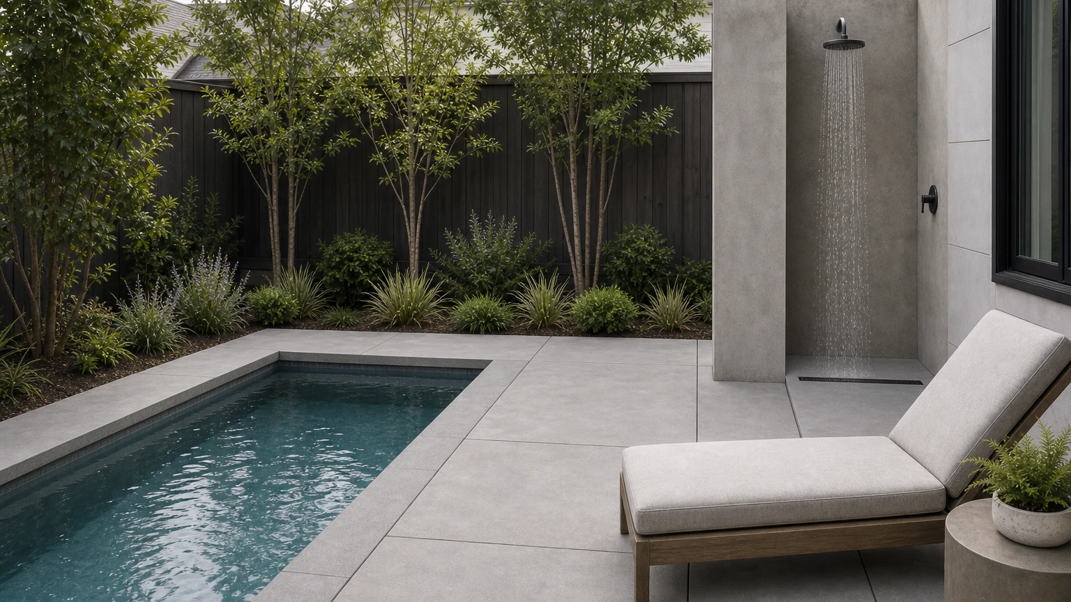Plunge pool concrete deck with a compact outdoor shower niche and low planted border.