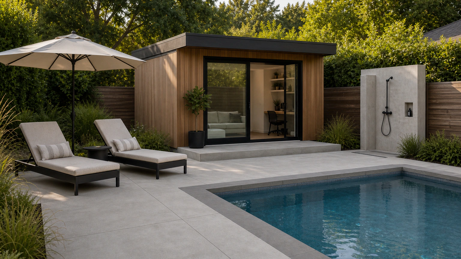 Pool cabana opening onto a concrete threshold terrace with lounge chairs and a compact shower zone.
