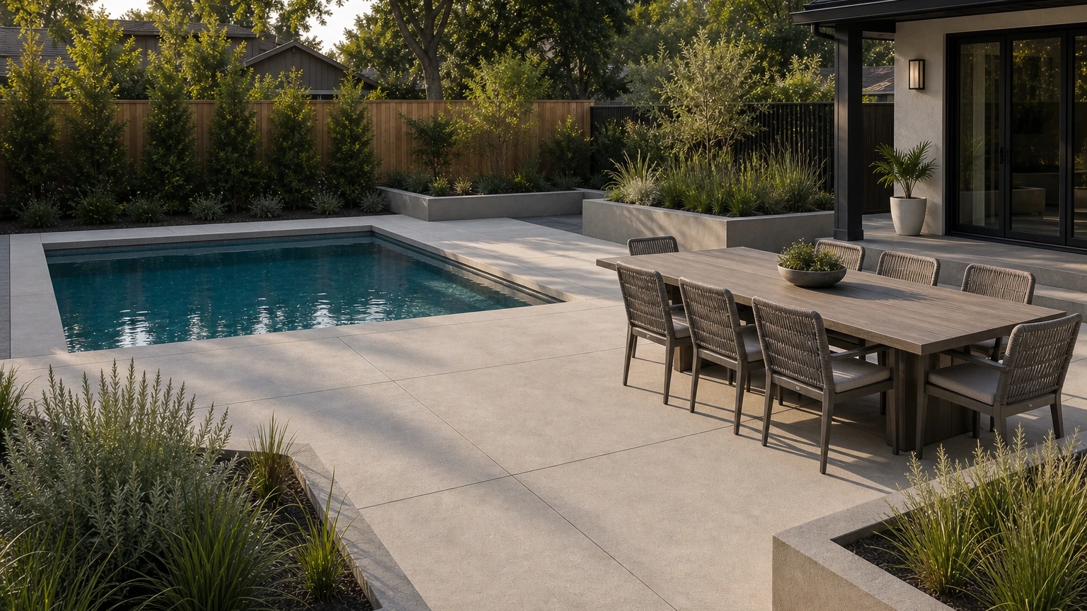 Concrete pool dining terrace with raised planters, a six-seat table, and low-maintenance grasses.