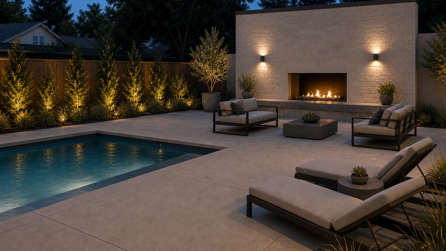 Concrete pool lounge with a masonry fireplace wall, low seating, and structured planting.