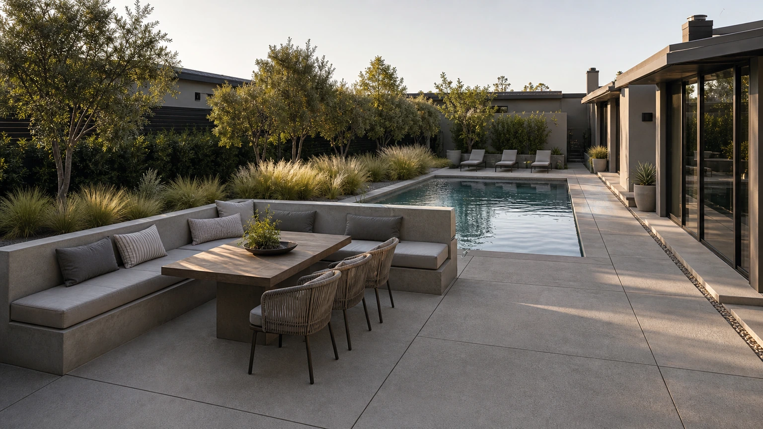 Concrete pool terrace with a built-in banquette, dining table, and low planting.