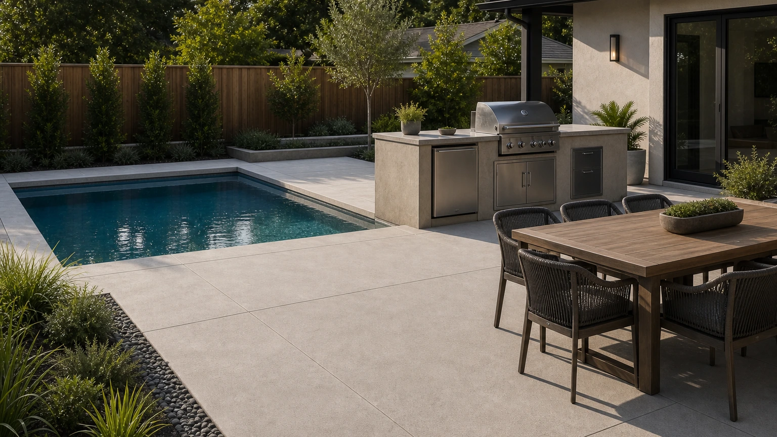 Concrete poolside terrace with a compact outdoor kitchen, dining area, and low planting.