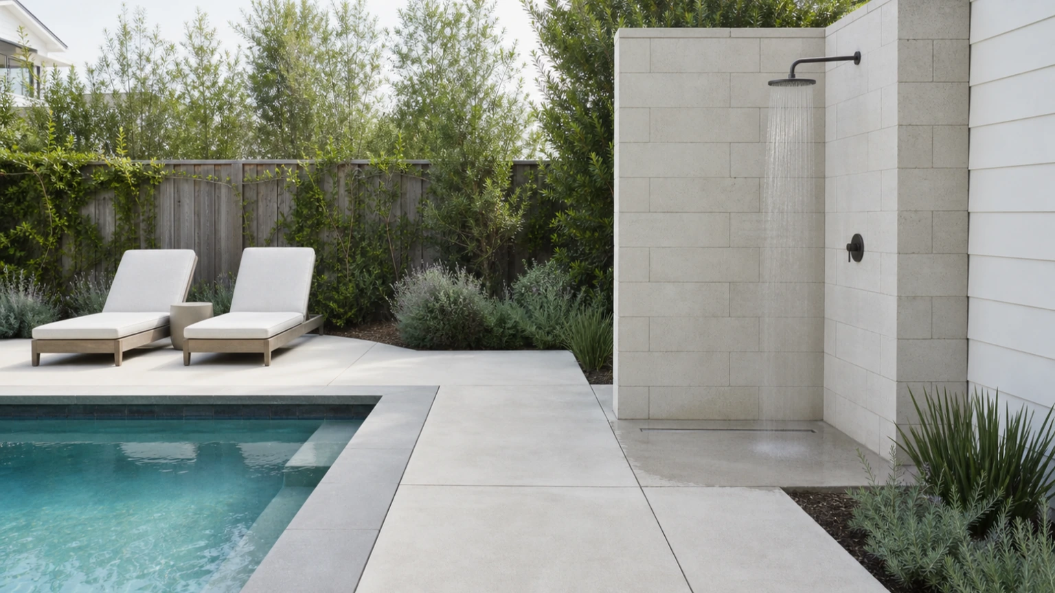 Concrete pool deck with a compact outdoor shower court, low wall, and lounge seating.