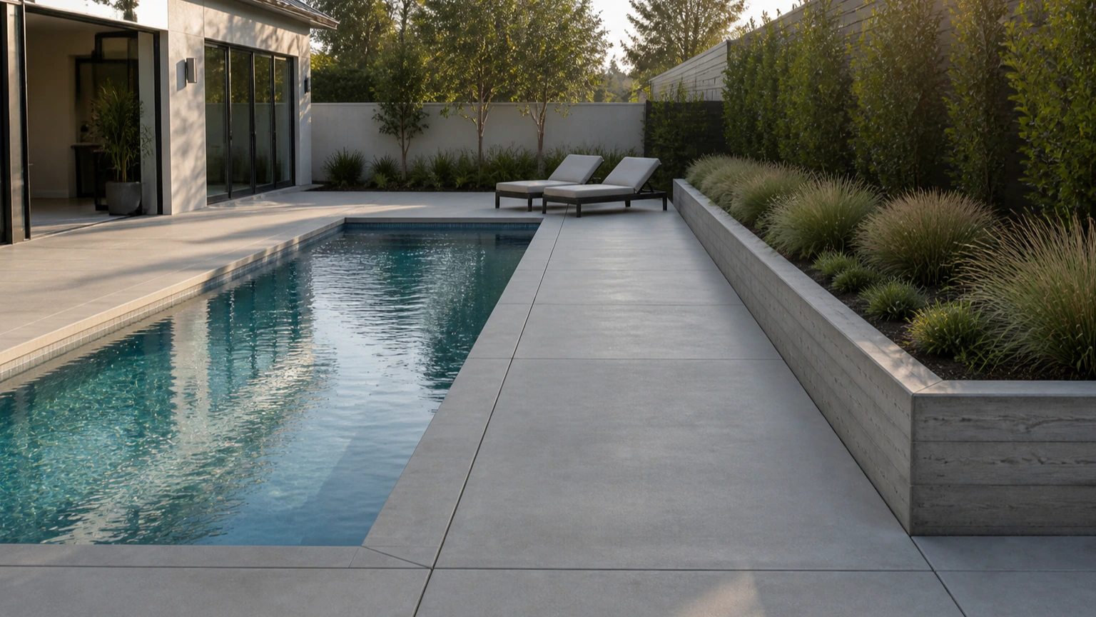 Rectilinear concrete pool deck with a low board-formed planter edge and modern lounge seating.