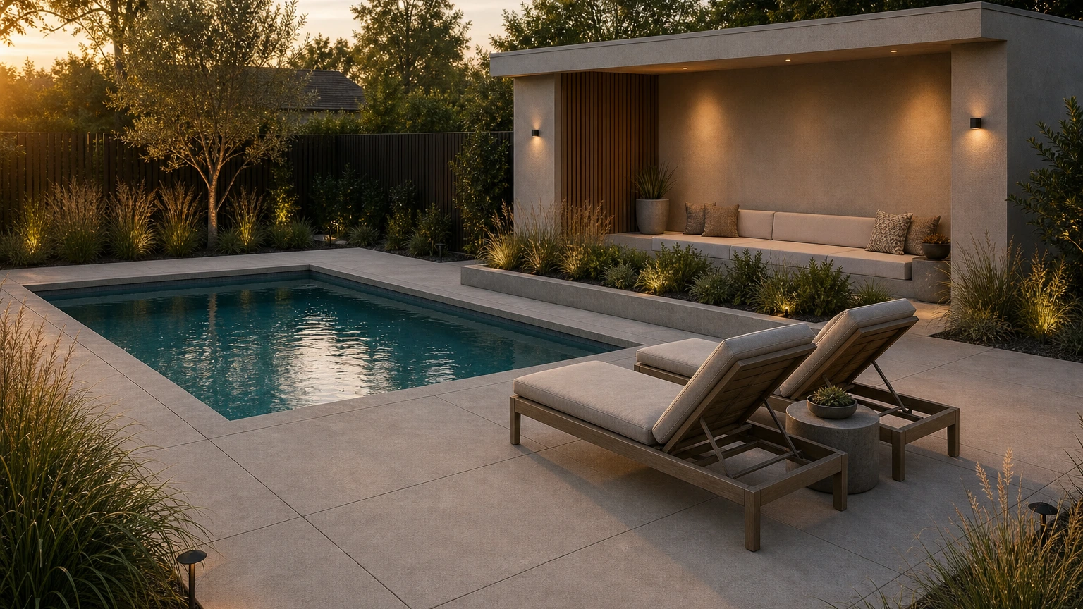 Residential pool lounge with concrete deck panels, cabana wall, and layered ornamental grasses.