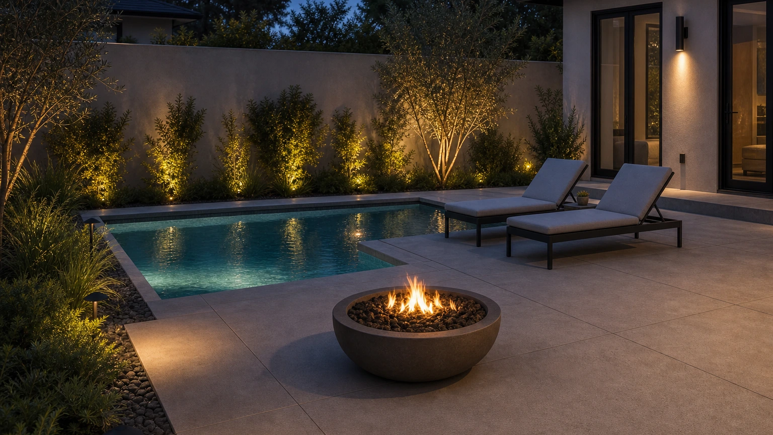 Residential concrete pool terrace with a low fire bowl, lounge chairs, and planted privacy edge.