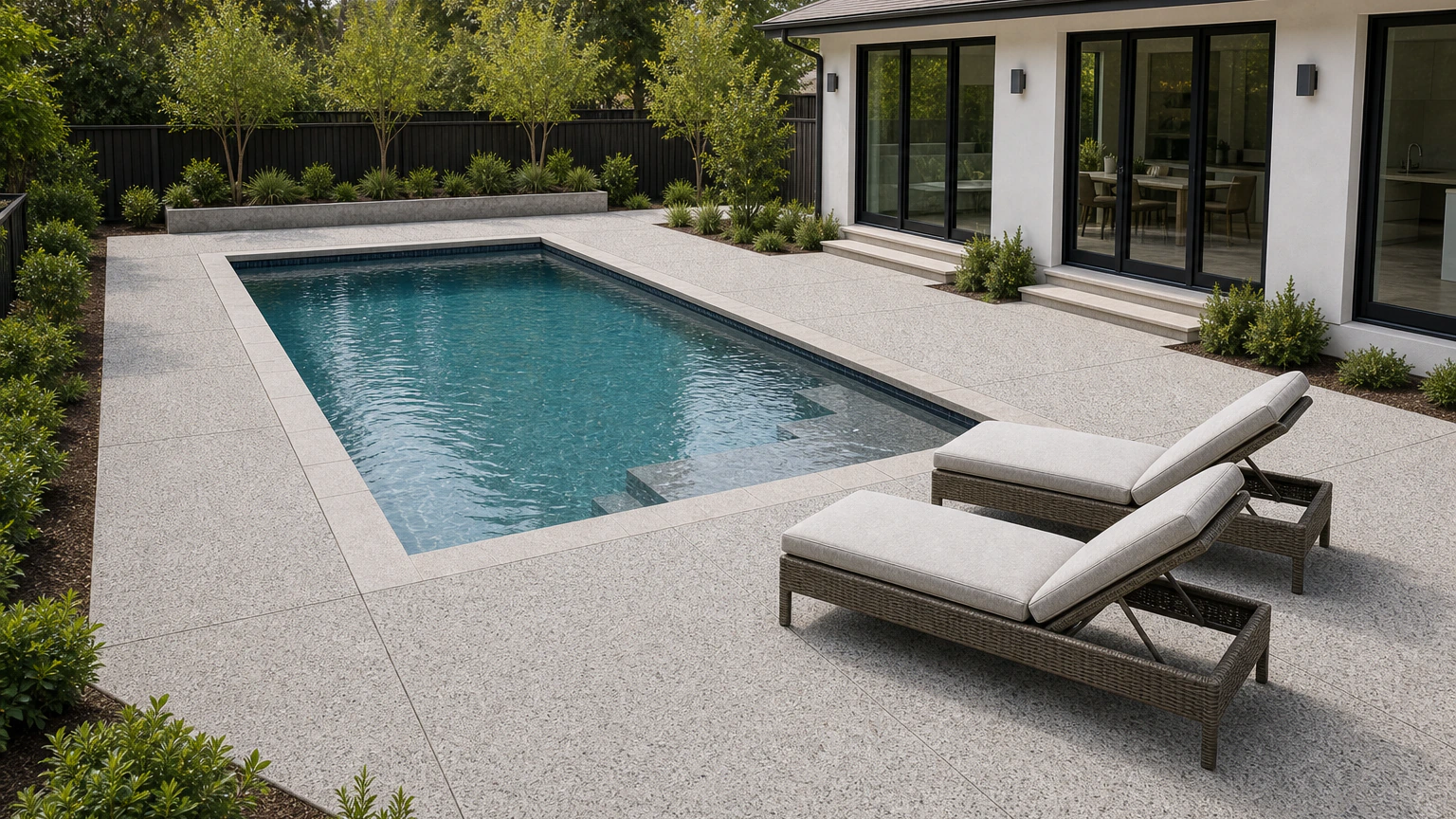 Salt-and-pepper aggregate concrete pool deck with modern seating and restrained landscape planting.