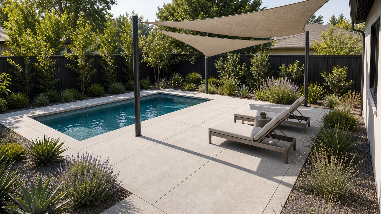 Concrete pool retreat with tensioned shade sails, lounge chairs, and desert-style planting.