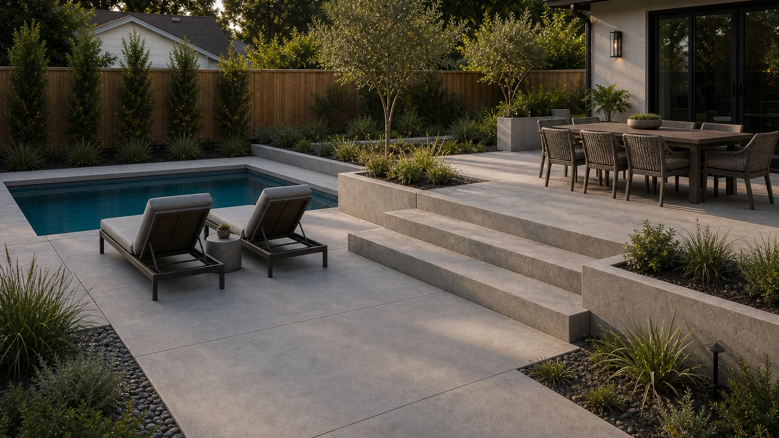 Concrete pool deck with a slim shade pavilion, compact dining table, and planted edge.