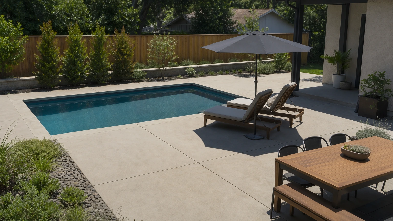Small family pool with a shaded concrete corner, two loungers, and simple low-maintenance planting.