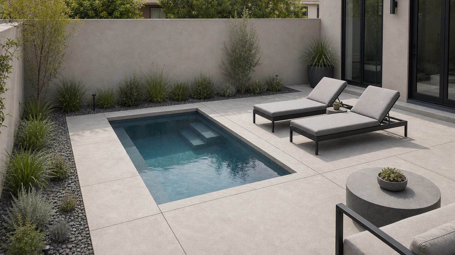 Small concrete pool deck with a contained gravel garden border and drought-tolerant planting.