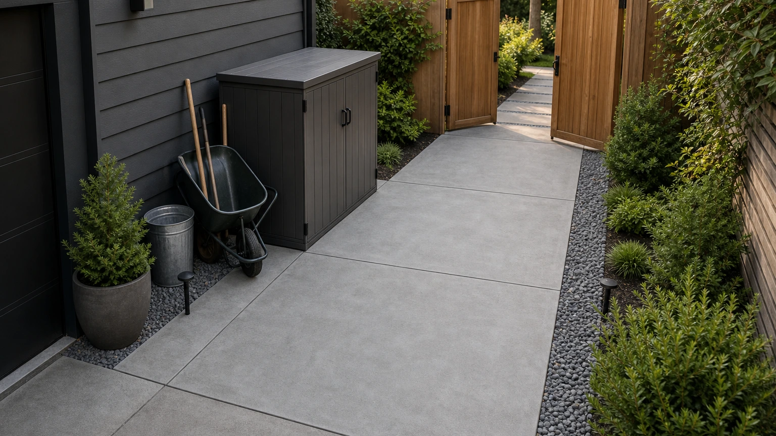 Small townhouse concrete courtyard around a plunge pool with compact lounge seating and privacy planting.