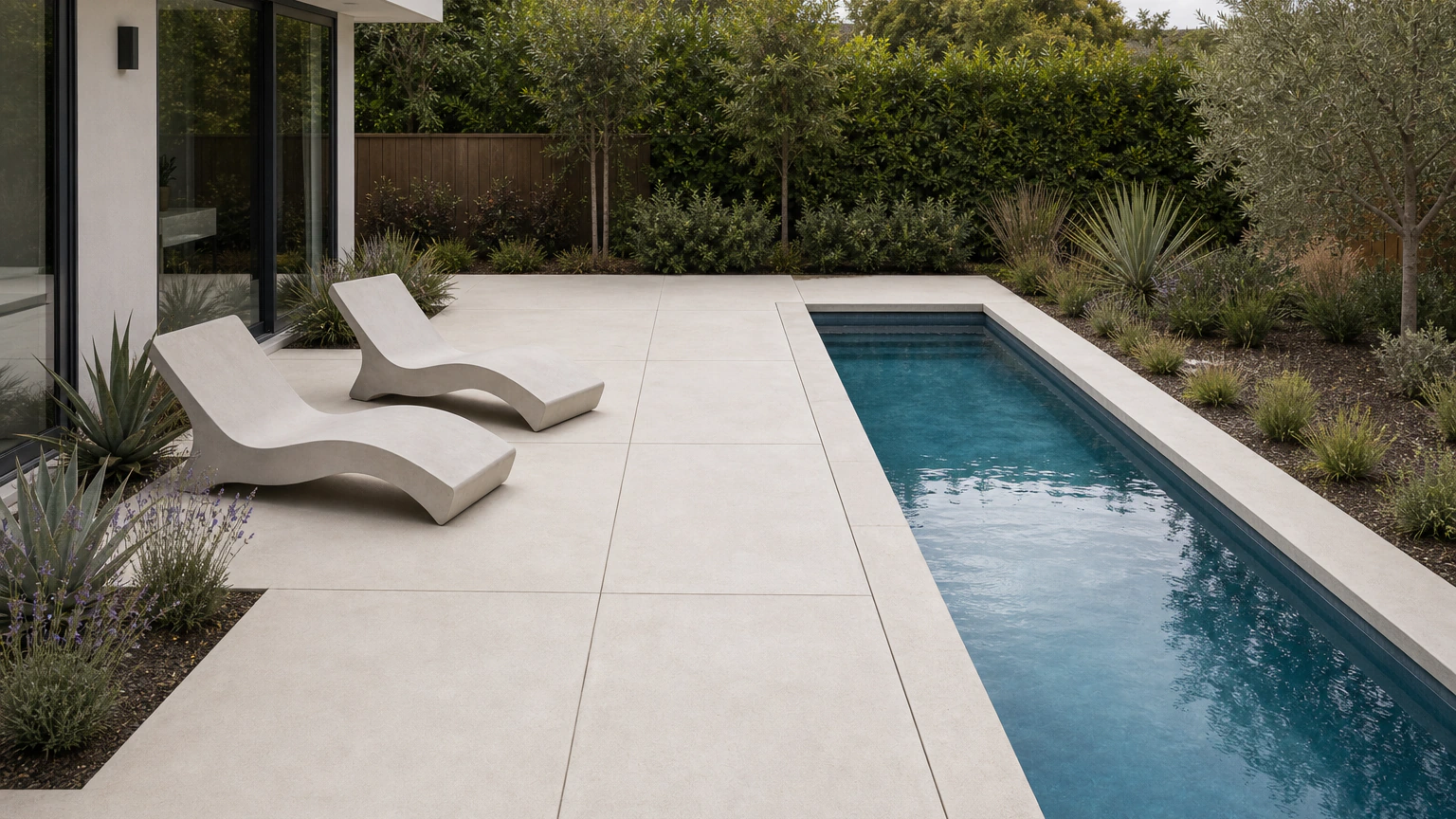 Soft-white concrete pool deck with balanced control joints, a slim lap pool, and modern lounge chairs.