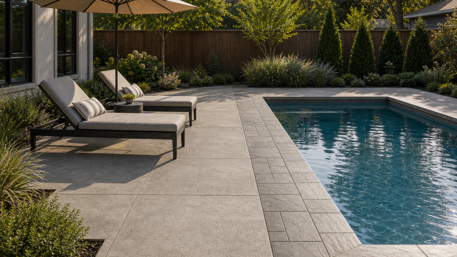 Stamped concrete pool deck with subtle stone-texture borders and smooth textured walking zones.