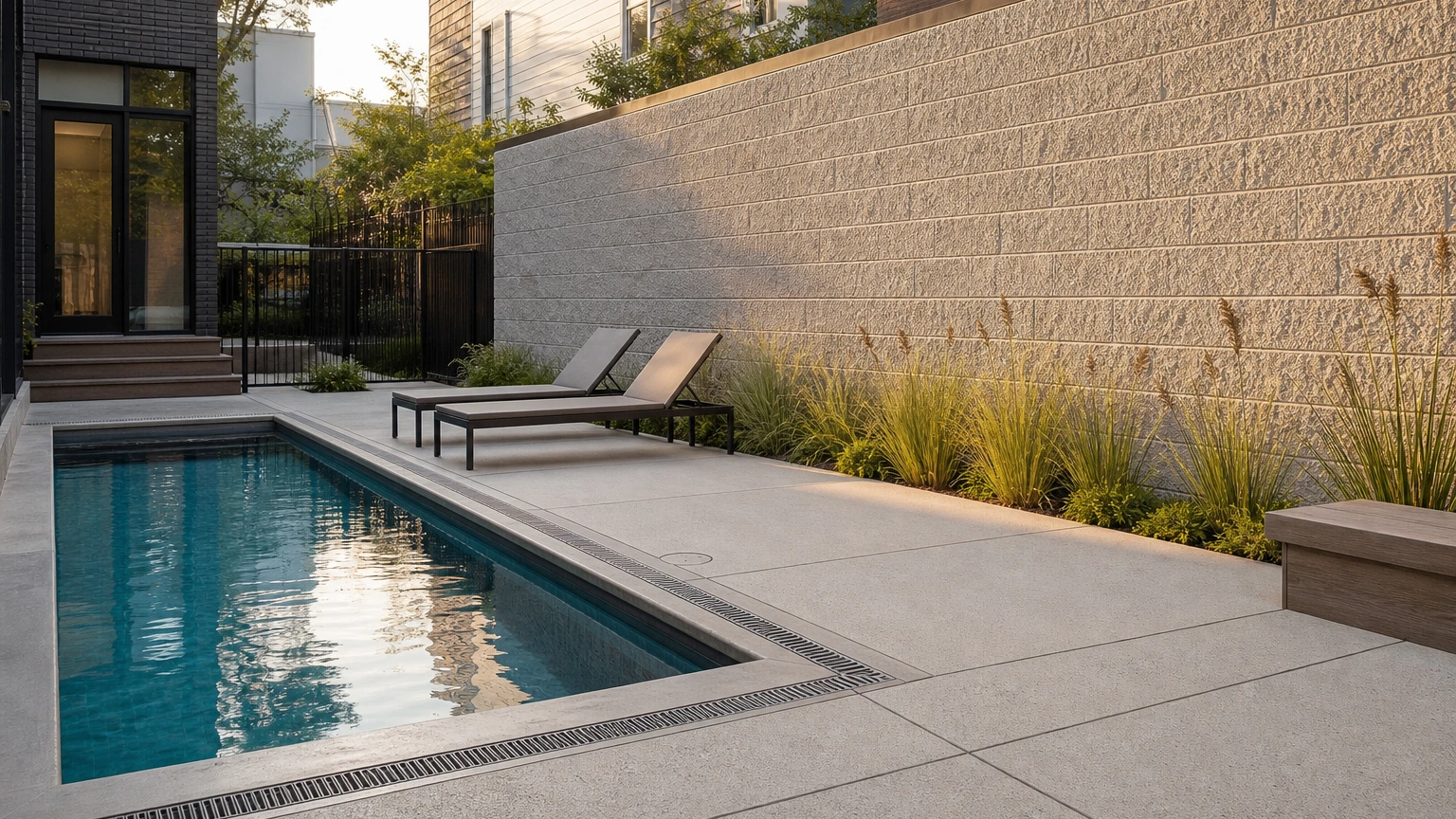 Urban concrete pool courtyard with a textured masonry wall, compact loungers, and low grasses.