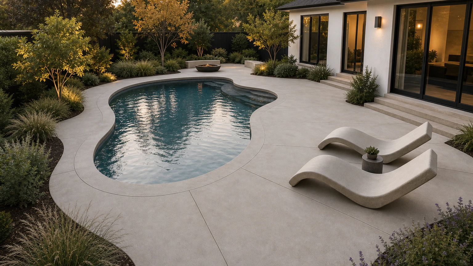 Warm-gray concrete pool deck with soft curved lounge edges and low ornamental grasses.