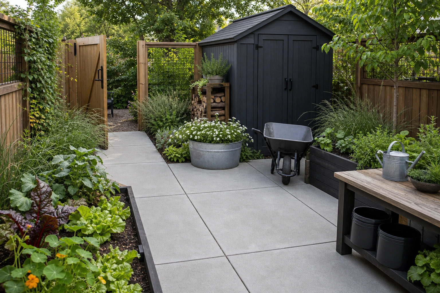 Backyard micro-garden work pad with raised planters, compact shed storage, and low-maintenance planting.