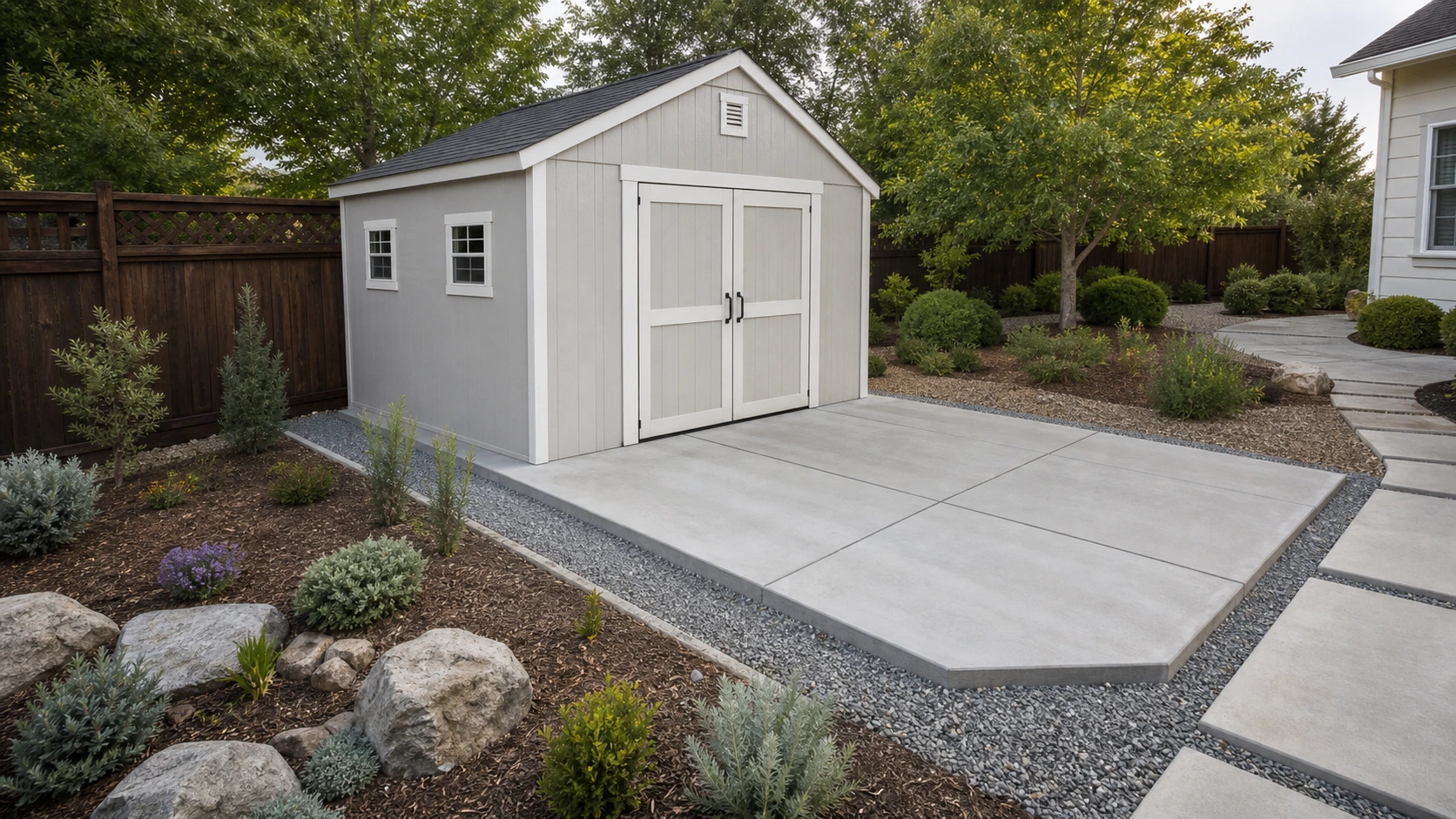 Backyard utility shed on a concrete pad with a contained gravel shoulder and practical equipment access.