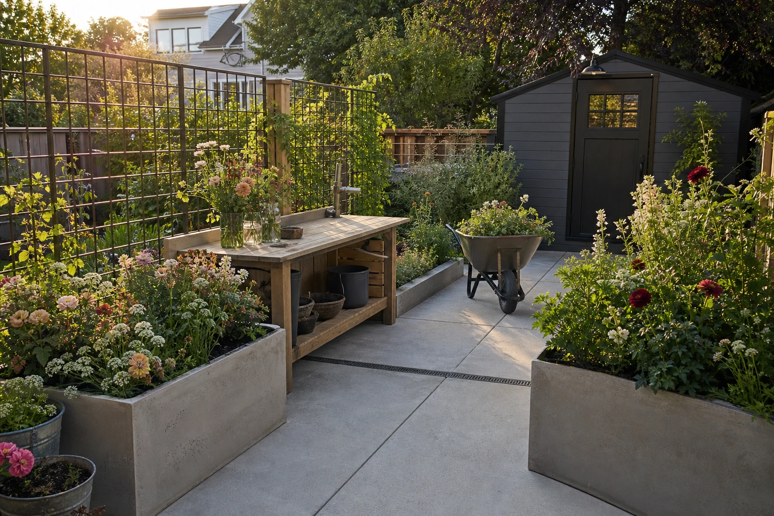 Compact concrete flower-cutting court with raised beds, workbench, and practical water access.