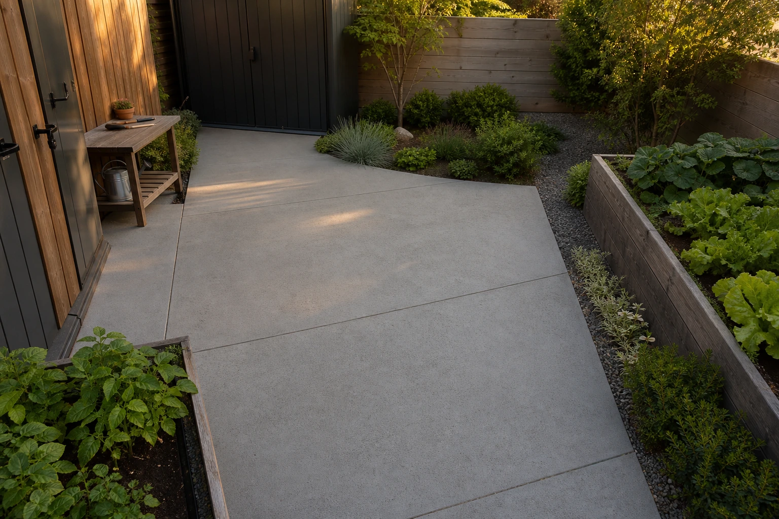 Compact garden service court with concrete panels, shed access, raised beds, and practical cart circulation.