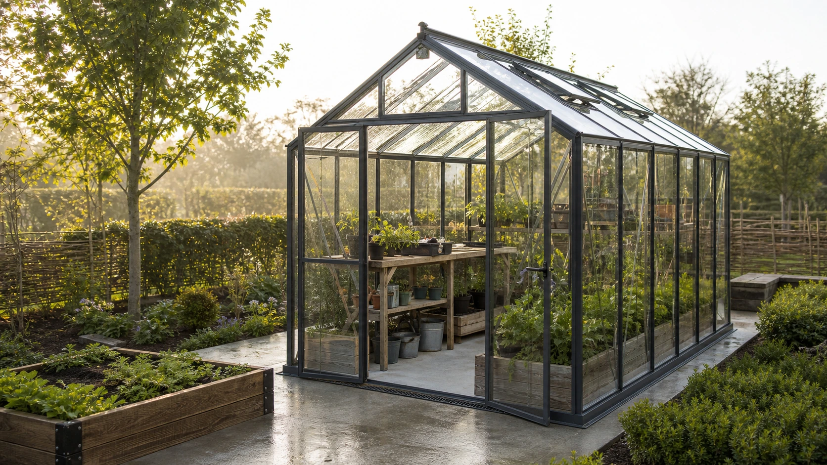 Compact greenhouse on a concrete floor with raised beds, clear potting access, and drainage-aware planting.