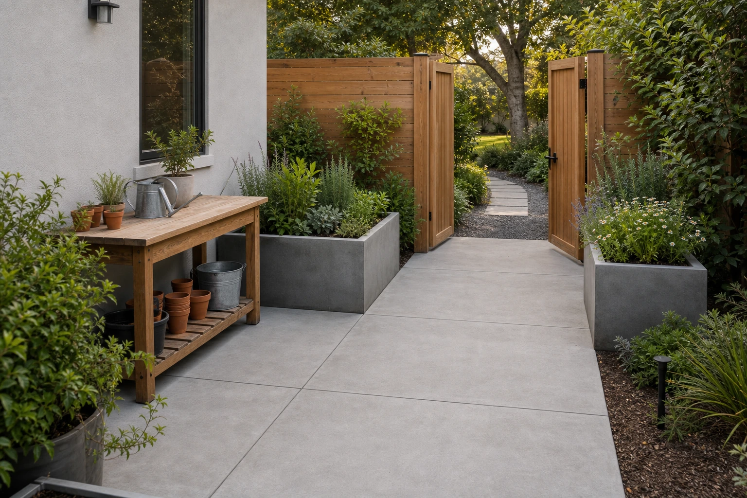 Compact concrete potting pad near a garden gate with raised planters, utility bench, and clear access route.