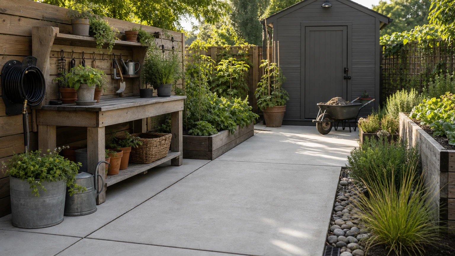 Concrete potting courtyard with raised beds, workbench, hose access, and low-maintenance planting.
